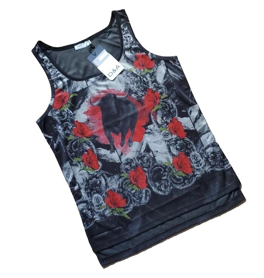 Designer Vest T Shirt Italian Bull and Roses Mens M Cotton Lycra Stretch