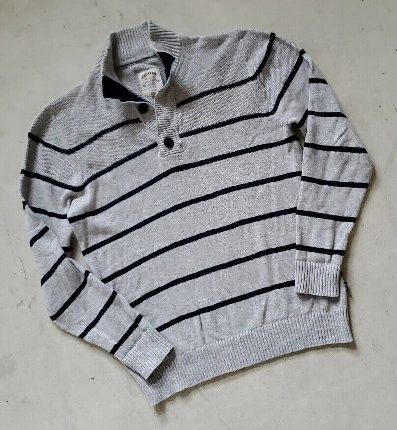 FAT FACE Jumper Sweater Mens M Grey Black Stripes Button Collar