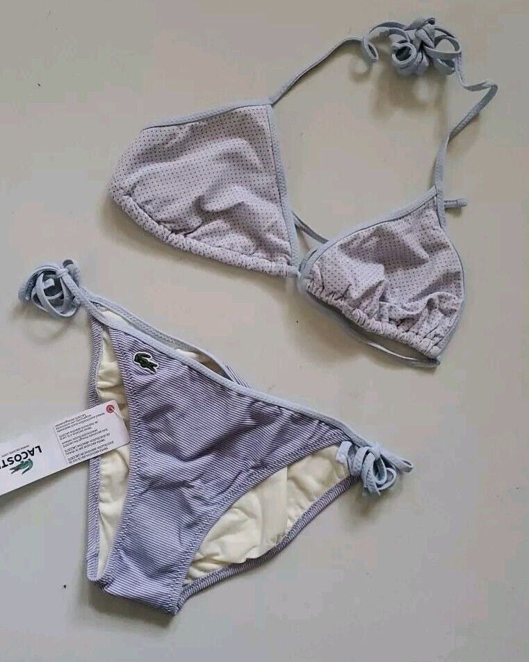 LACOSTE Bikini Swimsuit 2 Piece Halter Neck Size S Stripes Spots New With Pouch