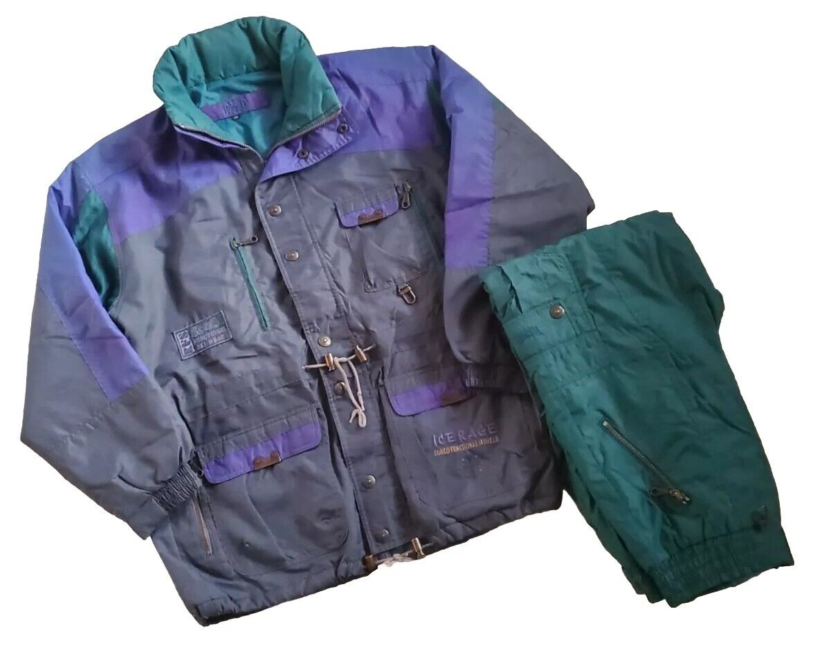 Vintage Ski Snowboard Suit Mens L Jacket and Salopettes Ice Rage 1980s Rodeo