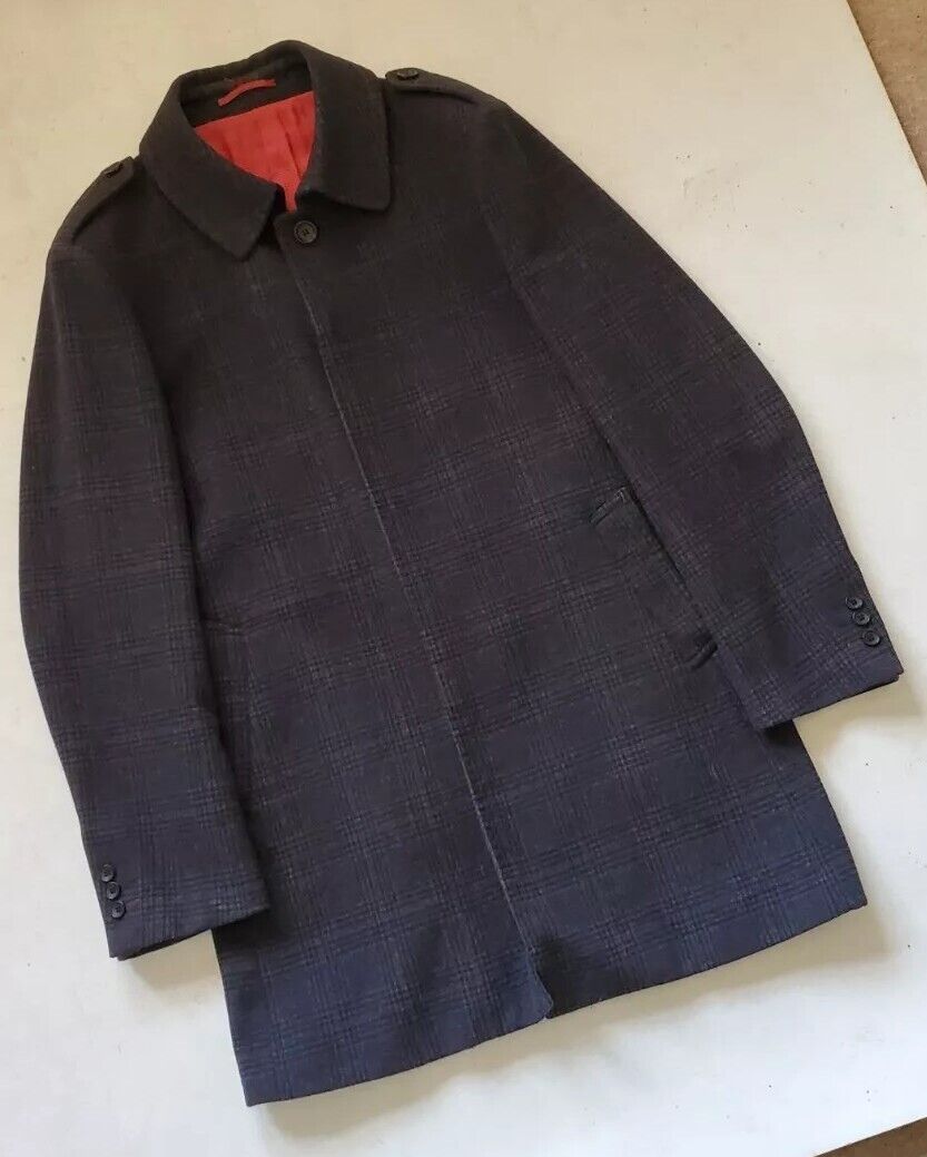 HOLLAND ESQUIRE Coat Overcoat Mens M Cashmere Wool Grey Windowpane Check £690