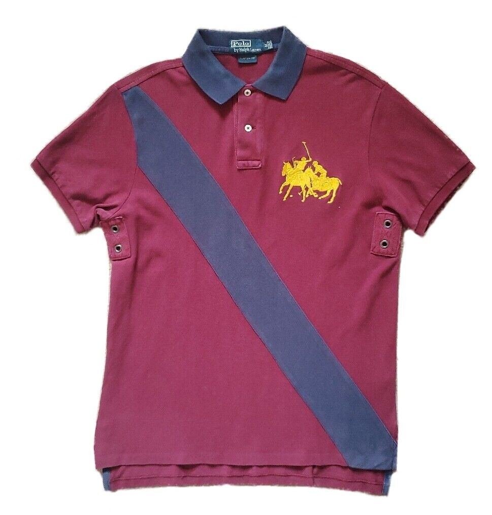RALPH LAUREN Polo Shirt Mens M Burgundy Cotton with Blue Sash Custom F