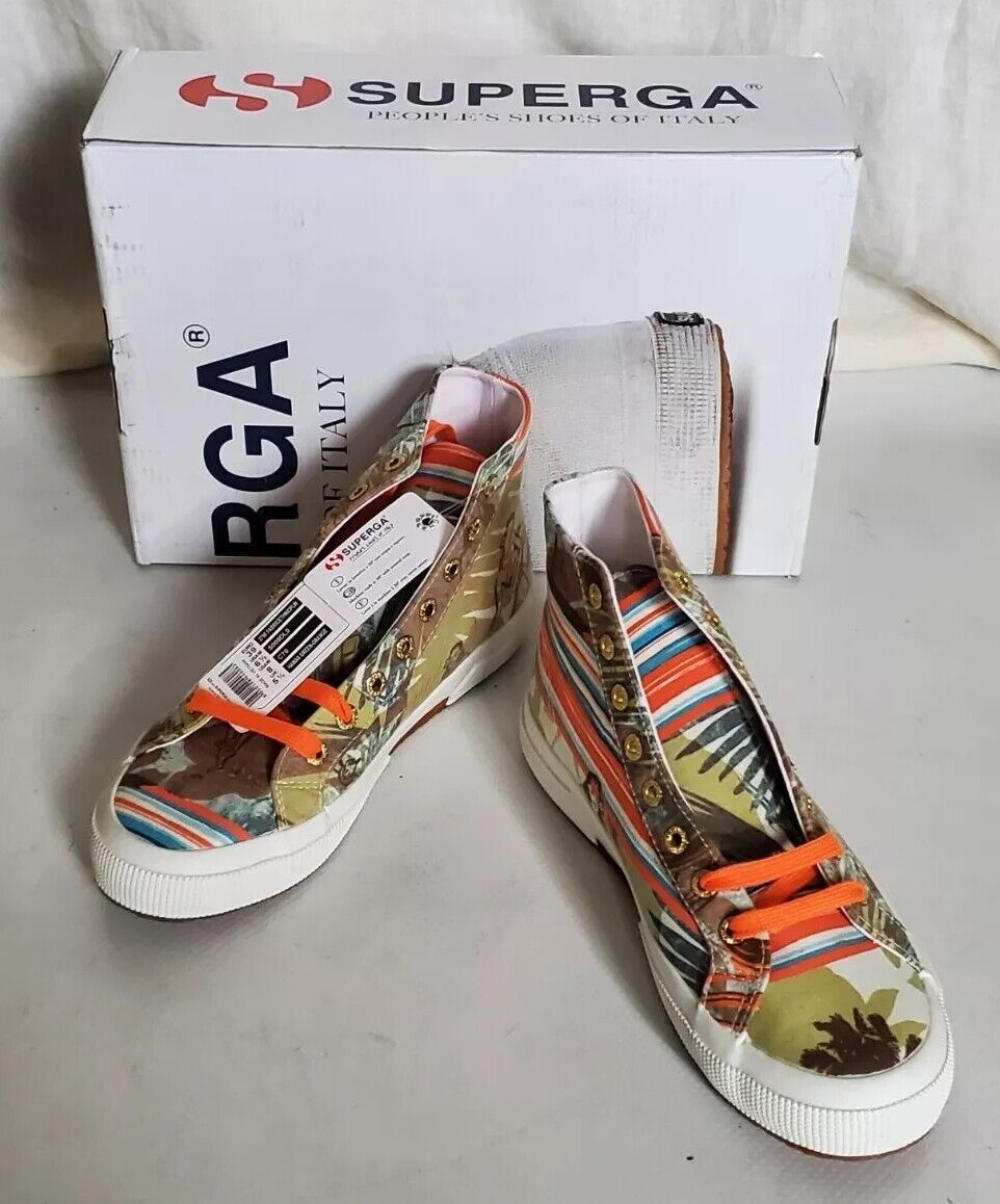SUPERGA Hi Top Trainers Canvas Womens Uk 5.5 Eu 39 Hawaii Green Orange Rrp £140