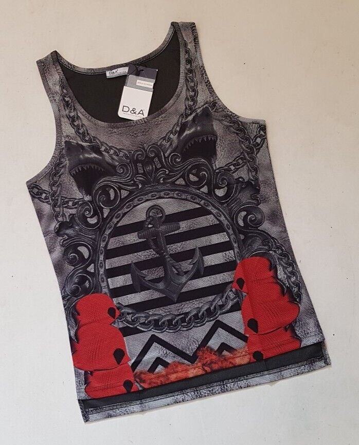 Designer Vest T Shirt Mens XXL Italian Black Anchor Cotton Lycra Stretch