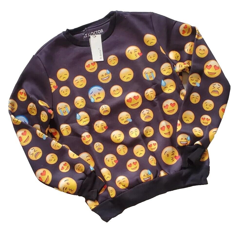 Emoji Sweatshirt Black with Emoticons Size XL Fleece Lined