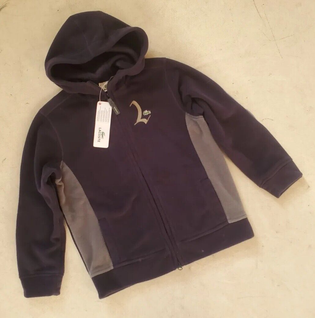LACOSTE Boys Hoodie Fleece Jacket Size 8 Blue Grey