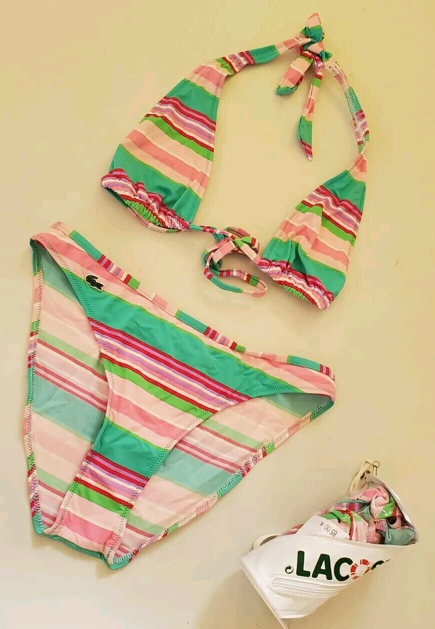 LACOSTE Bikini Swimsuit 2 Piece Halter Neck Size M Striped New With Pouch