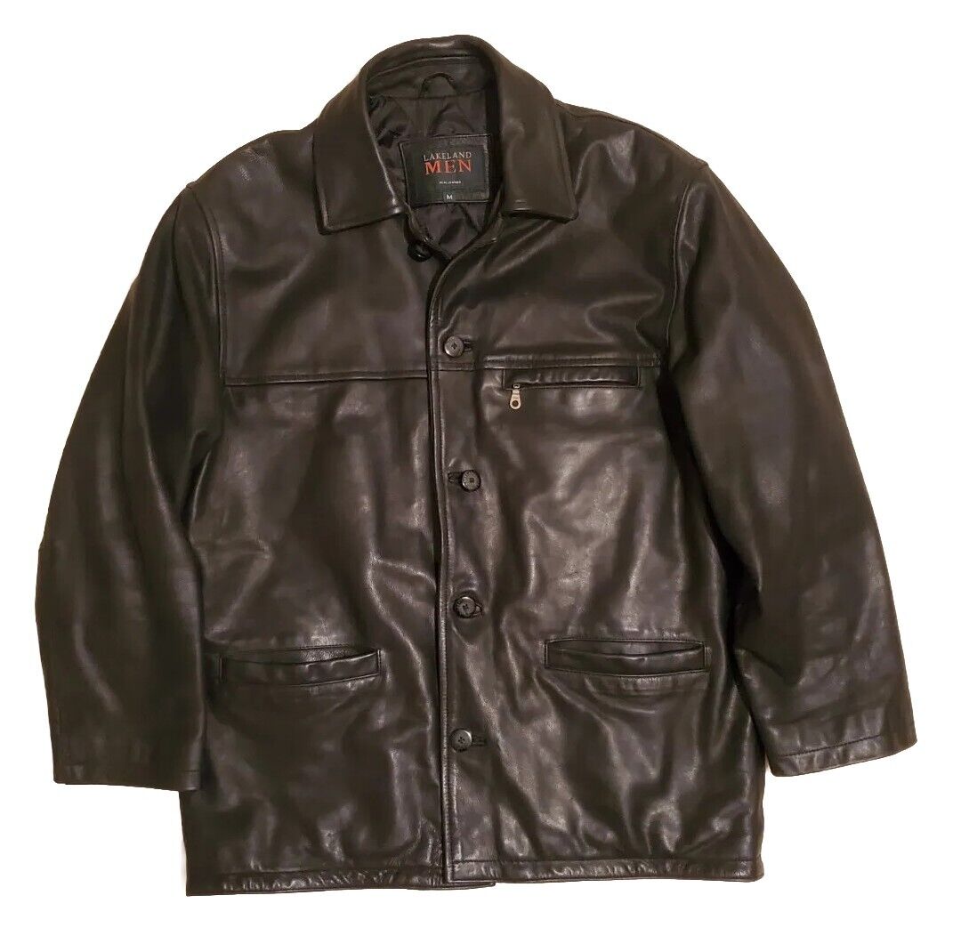 LAKELAND Leather Field Jacket Coat Mens M Black Heavyweight Quilted Lining