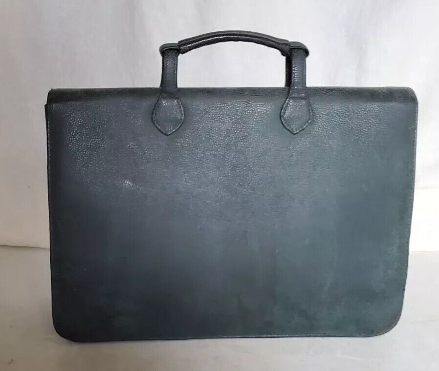 Vintage Satchel Laptop Bag British Racing Green Pebbled Nubuck Leather 1990's
