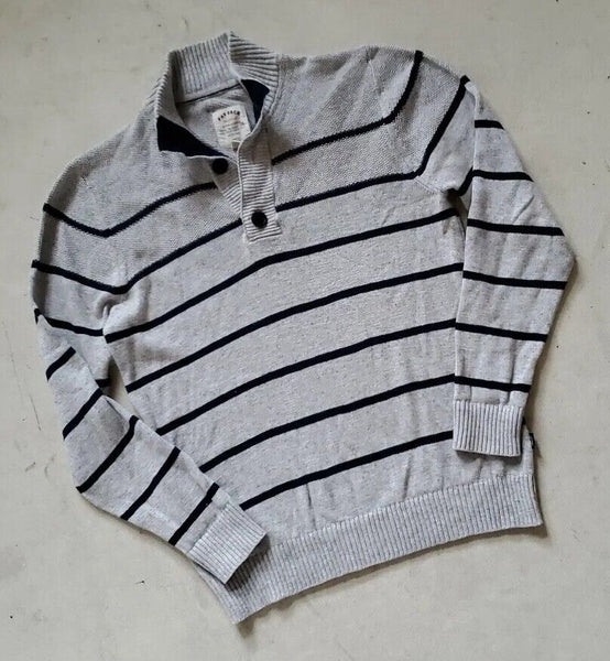 FAT FACE Jumper Sweater Mens M Grey Black Stripes Button Collar