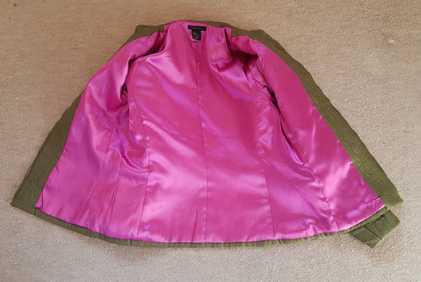 Silkland Coat Jacket Womens M Pure Silk Quilted Olive Green Trim In Pink