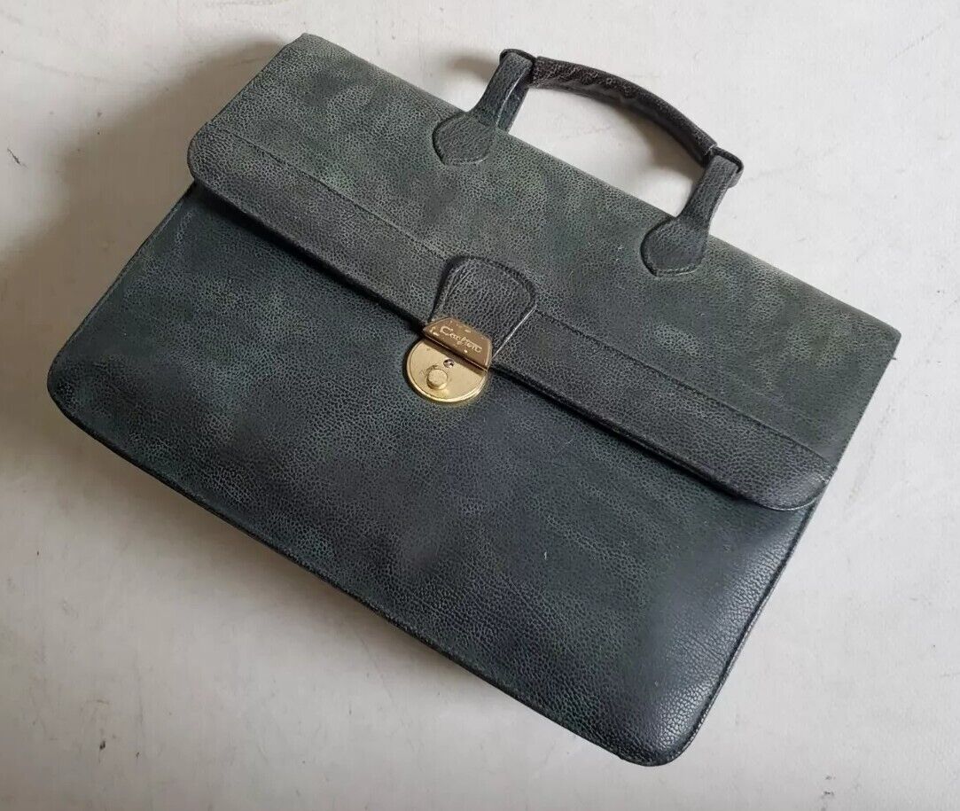 Vintage Satchel Laptop Bag British Racing Green Pebbled Nubuck Leather 1990's
