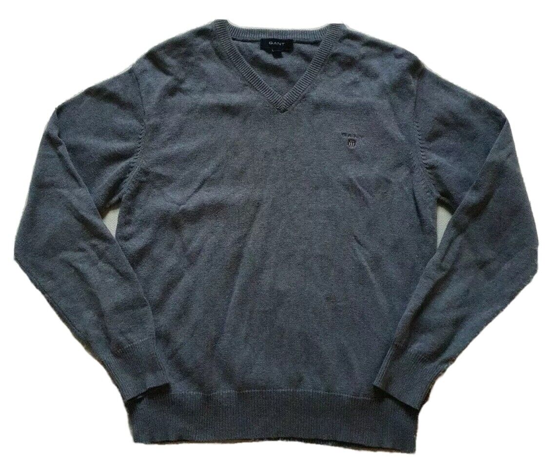 GANT Jumper Sweater Mens S Reg Fit Charcoal Grey Cotton V Neck