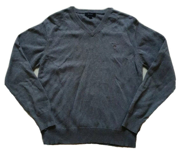 GANT Jumper Sweater Mens S Reg Fit Charcoal Grey Cotton V Neck