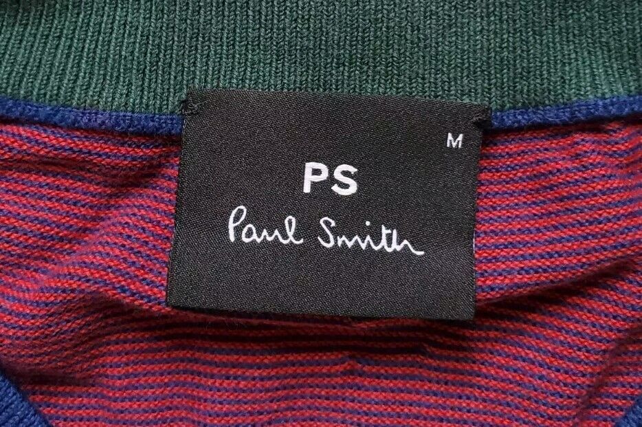 PAUL SMITH Jumper Sweater Mens M Red Cotton Blue Burgundy Stripes Crew Neck