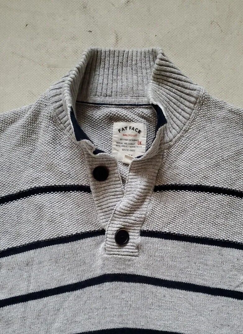 FAT FACE Jumper Sweater Mens M Grey Black Stripes Button Collar