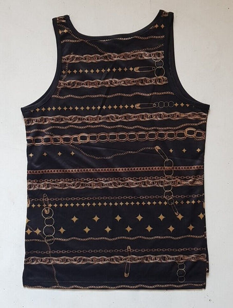 Designer Vest T Shirt Mens M Italian Geometric Chains Black Gold Cotton Lycra