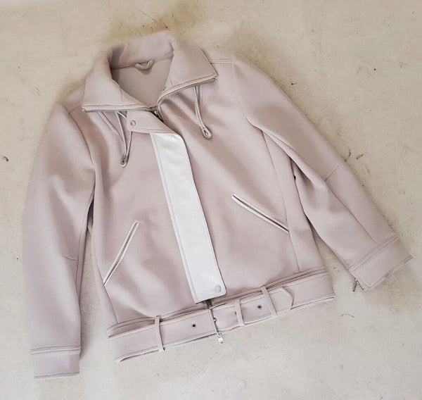 J LINDBERG Biker Jacket Coat Mens S Skylar Scuba Crepe Sand Lamb Leather Trim