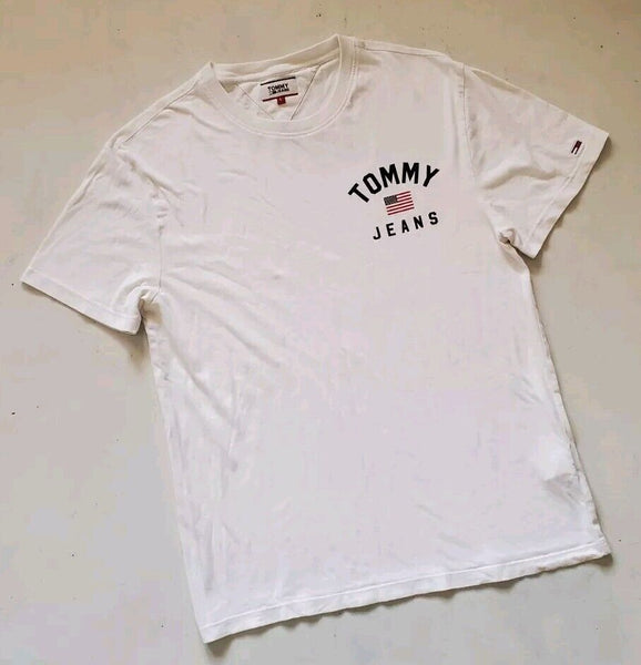 TOMMY HILFIGER T Shirt Tshirt Mens L White Cotton Spellout Logo Vintage 90s