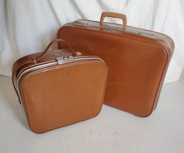 Vintage Antler Revelation Suitcase Set Med Case Xl Vanity Tan Leather Look 50's