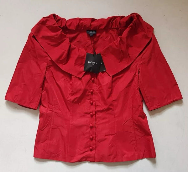 HOBBS Gigi Top Blouse Womens UK 12 Dark Crimson Ruched Collar New With Tags