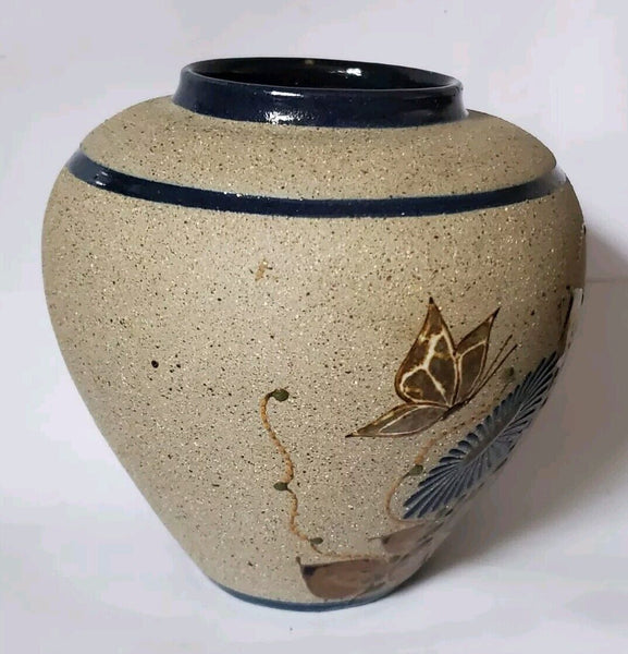 Tecpatl Vase Stoneware Mexico Signed Vintage 1980's Butterfly 5 Inch