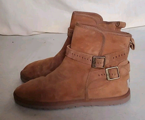 Ugg Biker Boots Womens UK 4 Eu 37 Tan Suede Buckle Closure and Detail