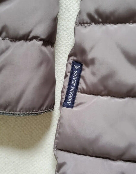 Armani Puffer Jacket Coat Womens UK 12 EU 44 Taupe Quilted Removable Hood