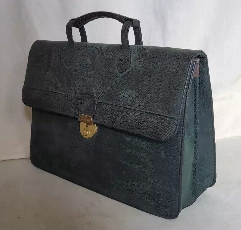 Vintage Satchel Laptop Bag British Racing Green Pebbled Nubuck Leather 1990's