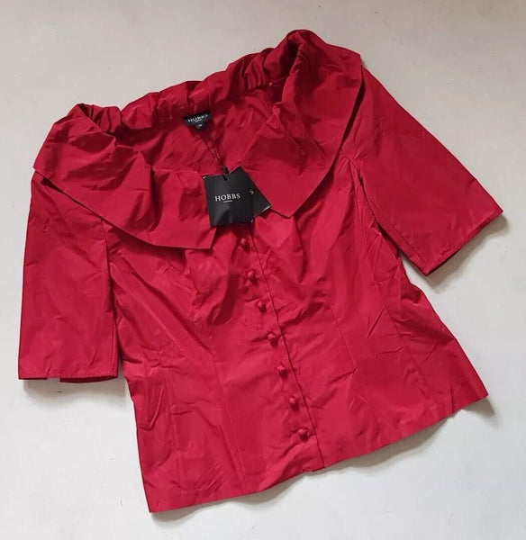 HOBBS Gigi Top Blouse Womens UK 12 Dark Crimson Ruched Collar New With Tags