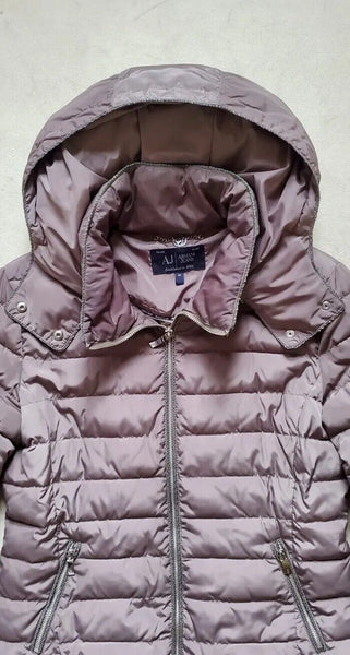 Armani Puffer Jacket Coat Womens UK 12 EU 44 Taupe Quilted Removable Hood