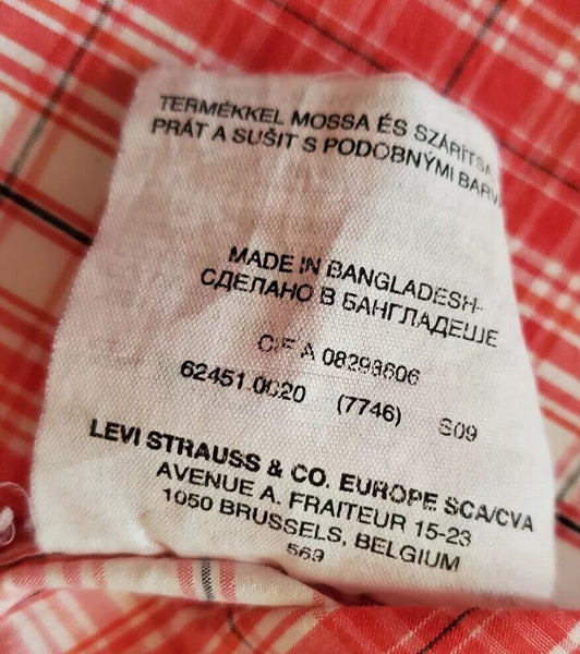 LEVIS Shirt Short Sleeved Mens L Regular Fit Red White Check Cotton