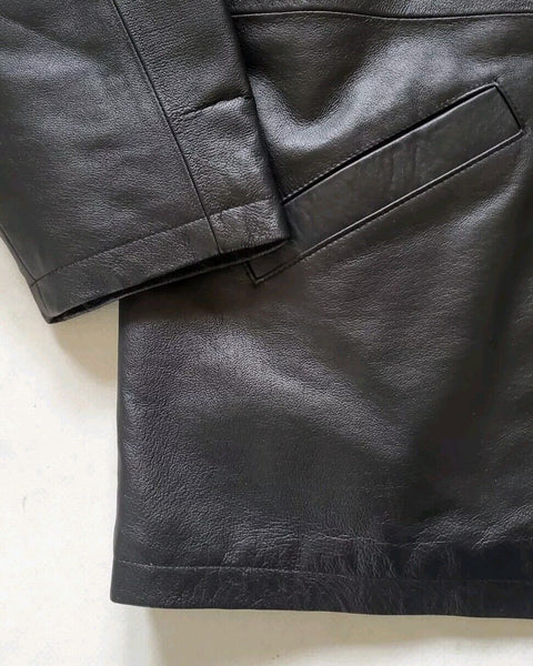Mens Black Leather Jacket Field Coat XL Quilted Lining 1860 - New Never Worn