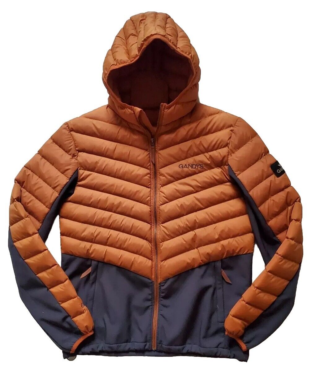 Gandys Explorer Puffer Jacket Coat Mens M Womens L Orange Grey Hooded Quilted