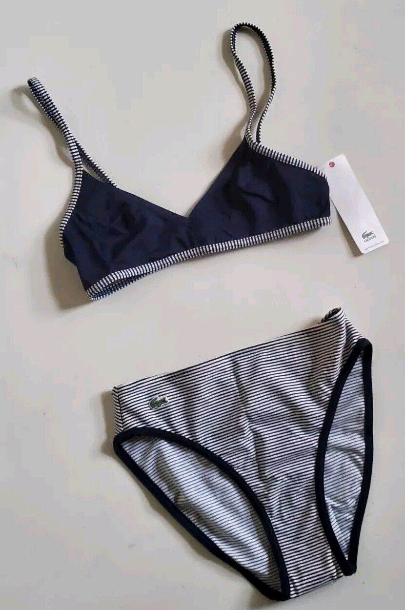 LACOSTE Bikini Swimsuit Marino 2 Piece Size XS Navy Blue Stripe New With Pouch