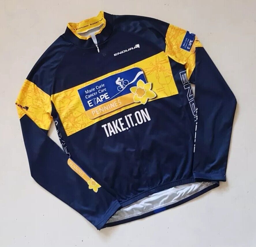 ENDURA Cycling Jersey Shirt Mens M  Marie Curie Pennine Run Blue Yellow Daffodil