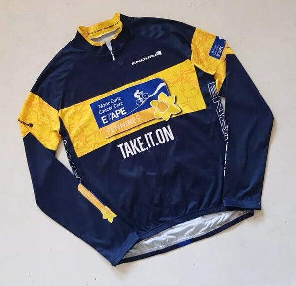 ENDURA Cycling Jersey Shirt Mens M  Marie Curie Pennine Run Blue Yellow Daffodil
