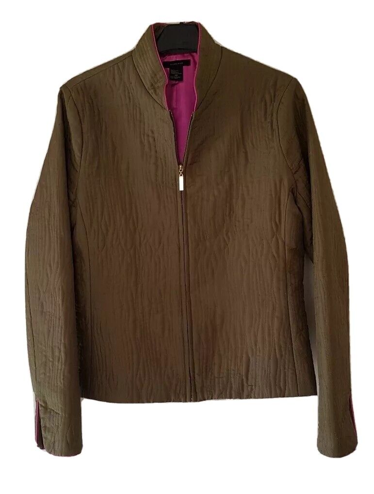 Silkland Coat Jacket Womens M Pure Silk Quilted Olive Green Trim In Pink