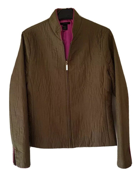 Silkland Coat Jacket Womens M Pure Silk Quilted Olive Green Trim In Pink