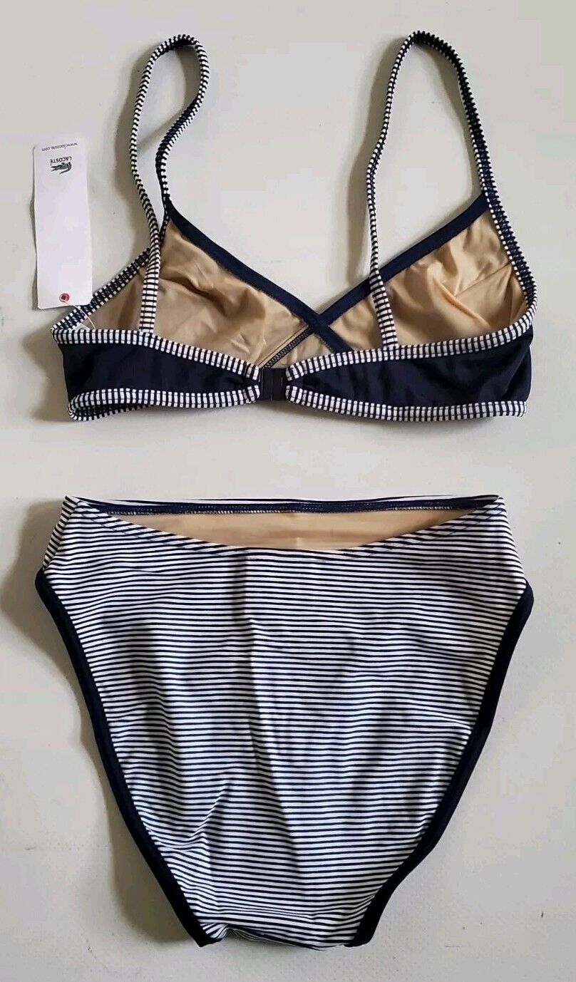 LACOSTE Bikini Swimsuit Marino 2 Piece Size XS Navy Blue Stripe New With Pouch