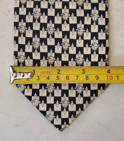 Vintage Versace Tie Medusa Navy Cream Pure Silk Italy Original 1990's