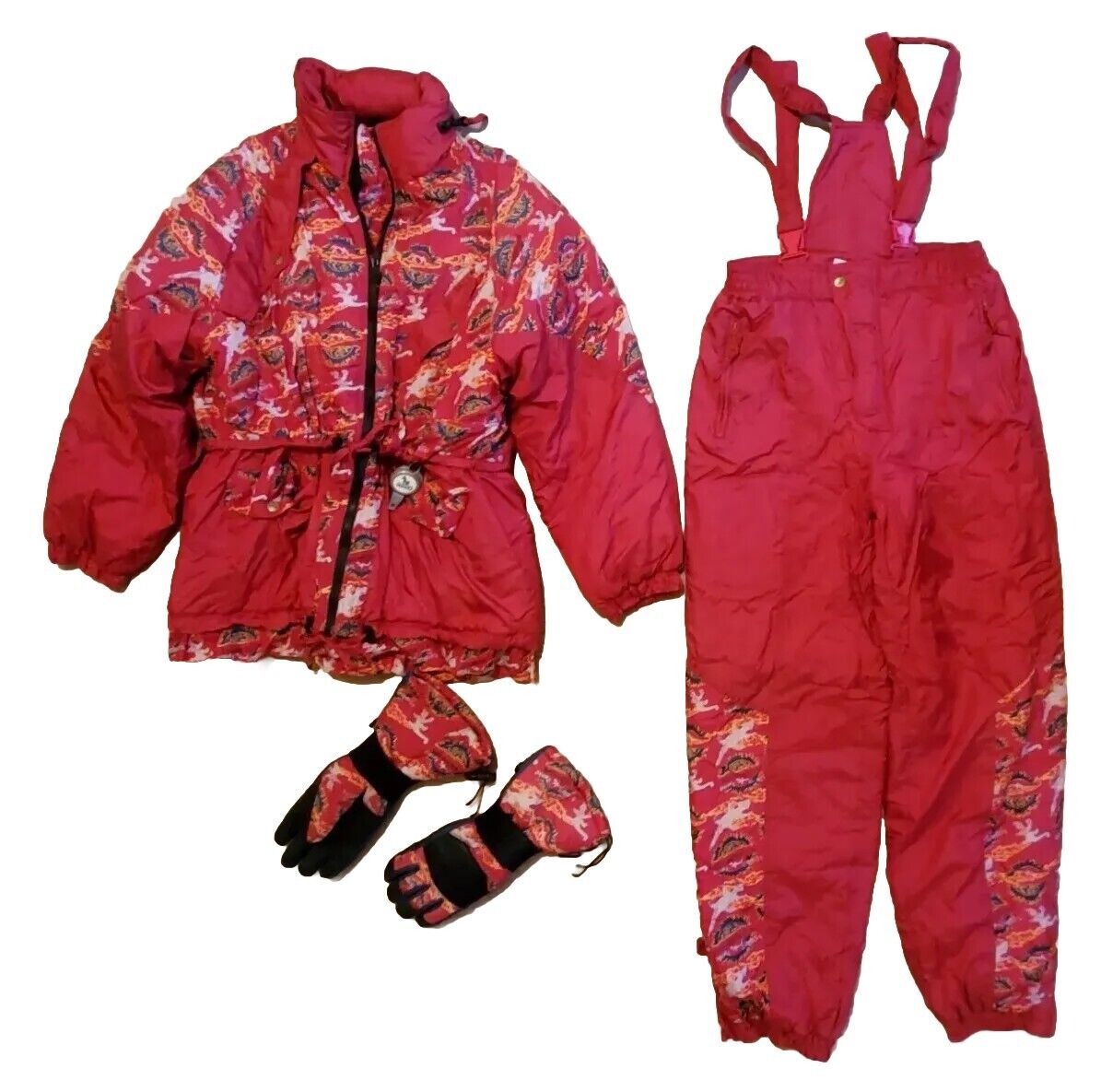 Vintage Rodeo Ski Suit Womens L Jacket Salopettes Gloves Pink Mint Condition