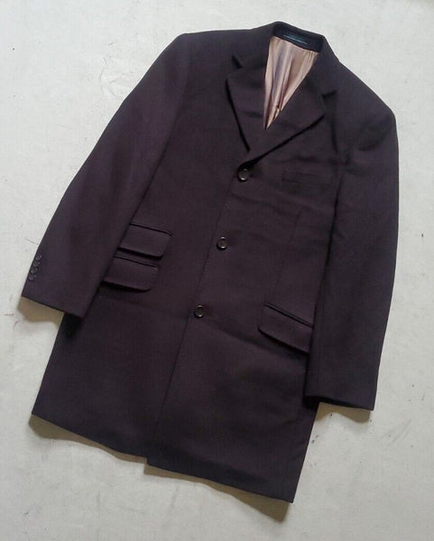 GREENWOODS Trench Coat Overcoat Mens 42R Mahogany Brown Cashmere Wool Blend
