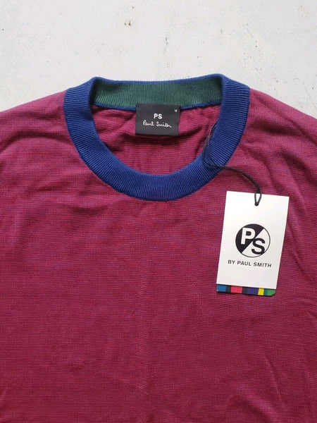 PAUL SMITH Jumper Sweater Mens M Red Cotton Blue Burgundy Stripes Crew Neck