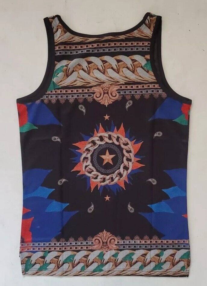 Designer Vest T Shirt Mens M Italian Geometric Star Cotton Lycra Stretch