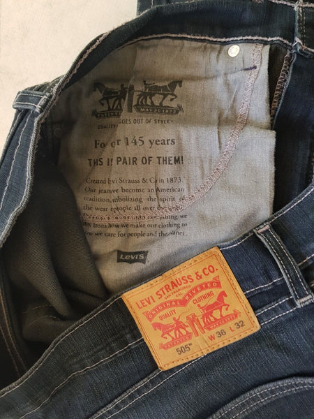 LEVIS 505 Jeans Mens W 36 L 32 Vintage Blue Stretch Denim Red Tab Regular Fit