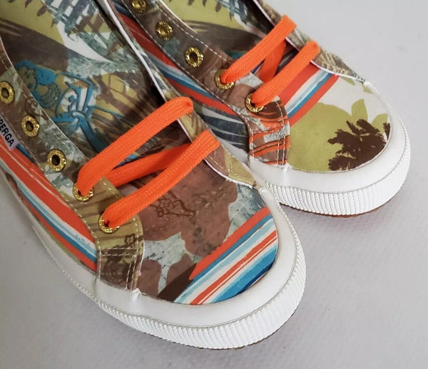 SUPERGA Hi Top Trainers Canvas Womens Uk 5.5 Eu 39 Hawaii Green Orange Rrp £140