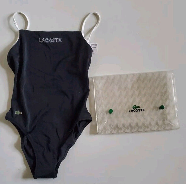 LACOSTE Swimming Costume Swimsuit 1 Piece Black Spellout Size XS New With Pouch