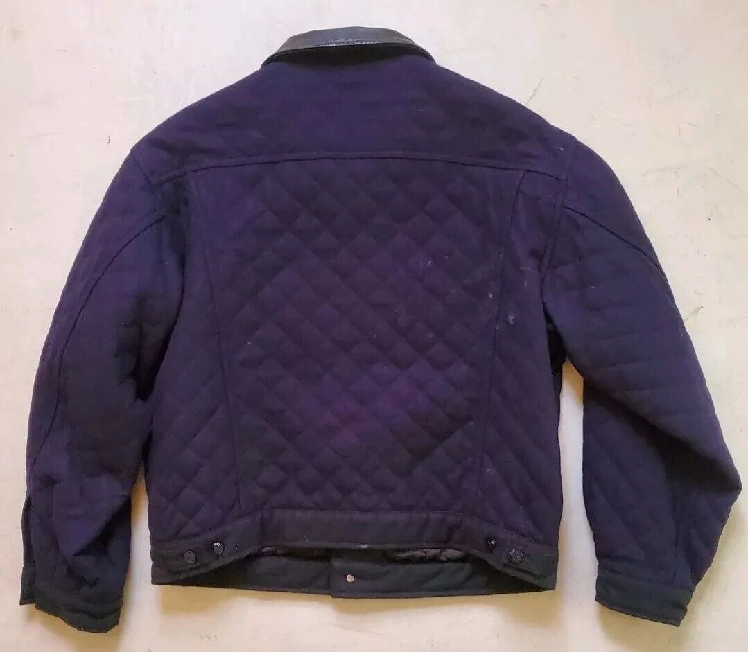 VALENTINO Bomber Jacket Mens L Quilted Wool Leather Collar Navy Blue Rrp £1250