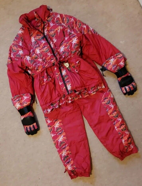 Vintage Rodeo Ski Suit Womens L Jacket Salopettes Gloves Pink Mint Condition